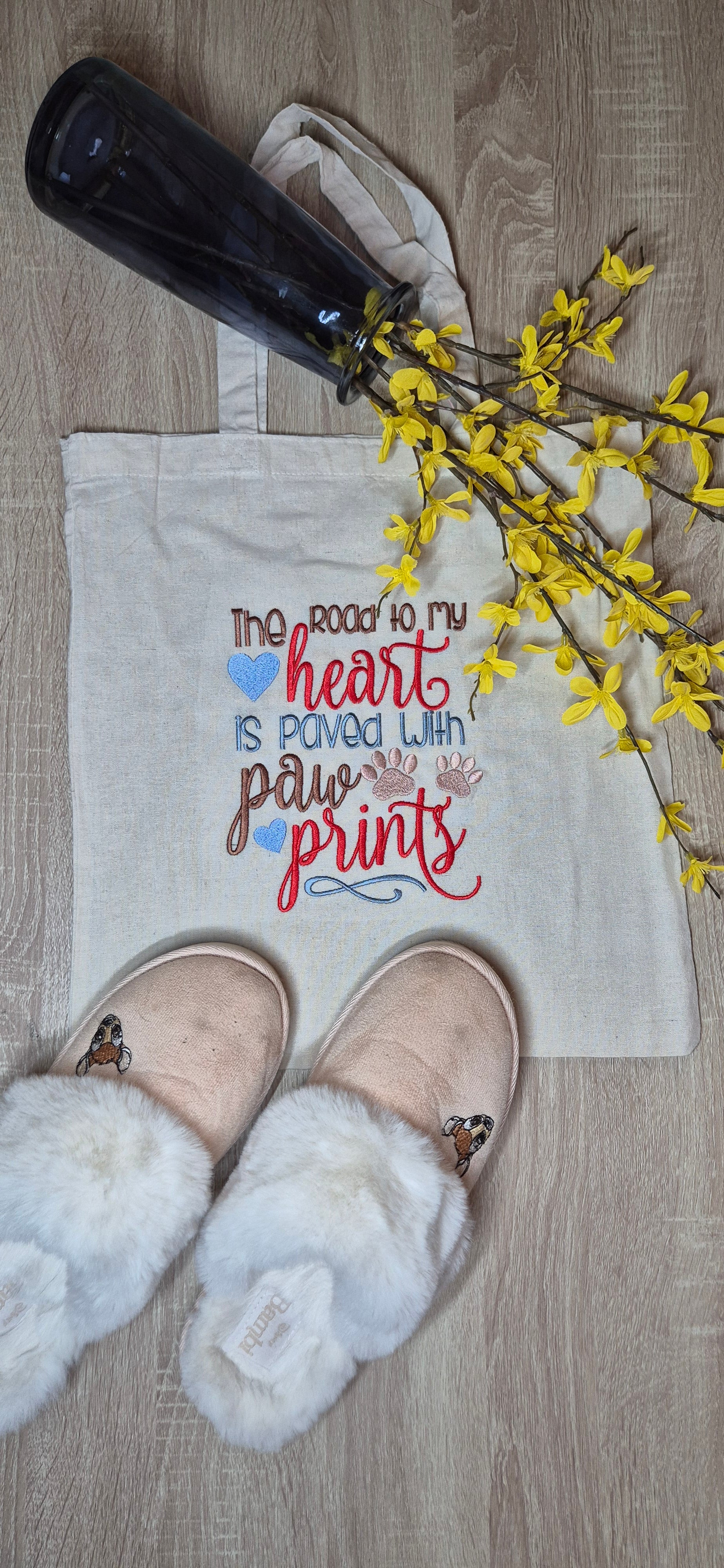 Bag for life with "The road to my heart is paved with paw prints" embroidery