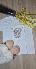 White t-shirt with a highland cow design